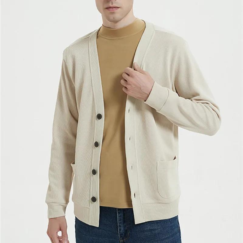 Spring Autumn Cotton Mens Sweater V-Neck Long Sleeve Cardigan Pockets Button Knitted Solid Loose Fashion Casual Swea